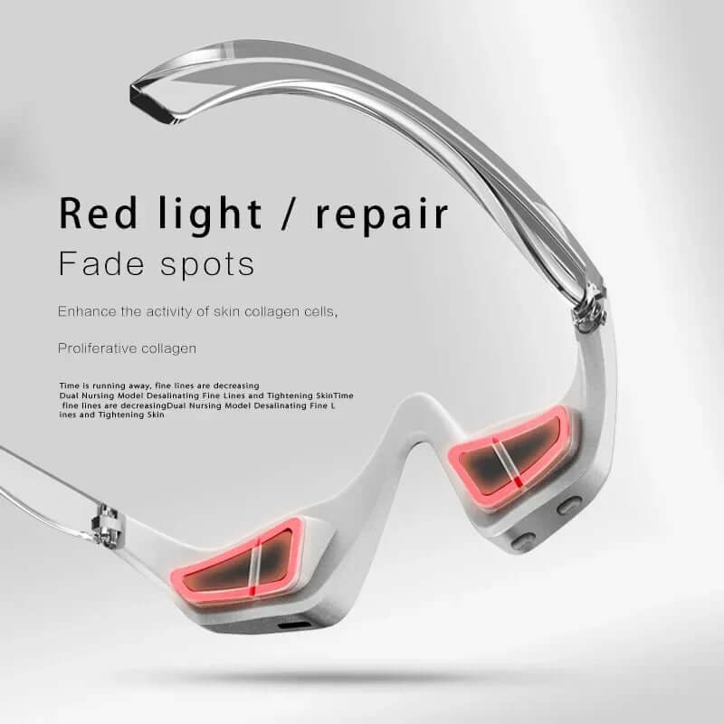 3D red light EMS eye massager glasses for reducing dark circles and wrinkles, showcasing red light therapy features.