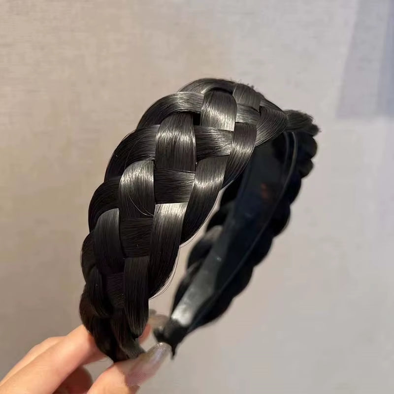 Wig Braided Headband Five-Strand Braided Wide-Brimmed Hairband Women'S Hair Accessories in black.