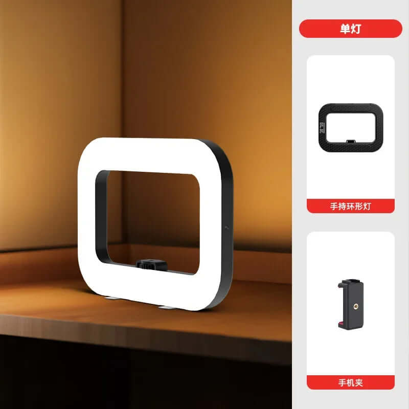 Portable handheld ring LED light for mobile photography with adjustable color temperature settings.