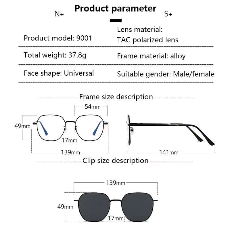 2024 Polarized Sunglasses Men Women 3 in 1 Magnetic Clip on Glasses Hexagon Alloy Frame Night Vision Anti-Blue Light Eyeglass