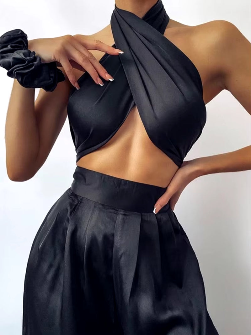 Kesiachiccly Halter Summer Sexy Jumpsuit Luxury Silk Satin Solid Flare Pant Romper Elegant Outfit Party Wear Women Jumpsuit