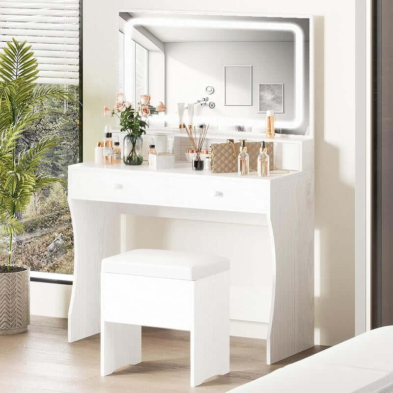 Vanity Desk with LED Lighted Mirror & Power Outlet, Makeup Vanities Table with 4 ,Storage Bench,For Bedroom White Large Drawer Mode Adjustable Brightness Bedroom Vanity