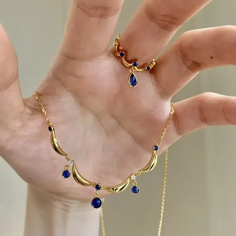 Retro light luxury Court style Glossy Crown jewelry sets Blue gem Engagement rings wave exquisite tassel water droplet necklaces
