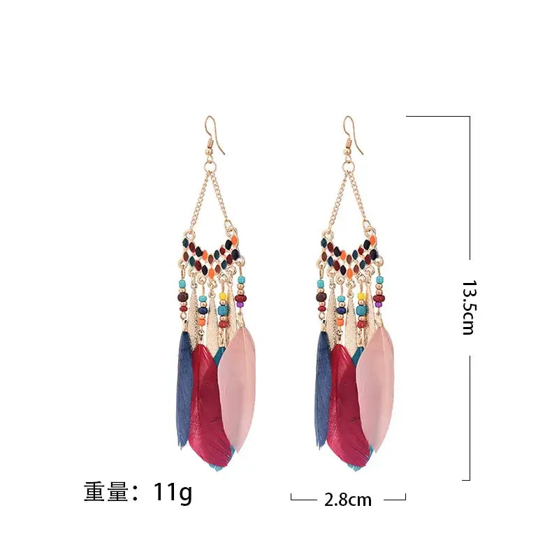 New Ethnic Feather Dangle Earrings For Women Bohemian Long Tassel Beads Drop Earring Girl Fashion Party Jewelry Accessories