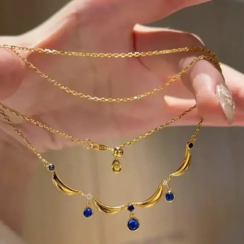 Retro light luxury Court style Glossy Crown jewelry sets Blue gem Engagement rings wave exquisite tassel water droplet necklaces