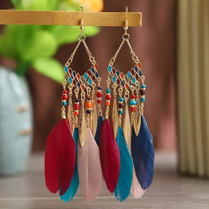 New Ethnic Feather Dangle Earrings For Women Bohemian Long Tassel Beads Drop Earring Girl Fashion Party Jewelry Accessories