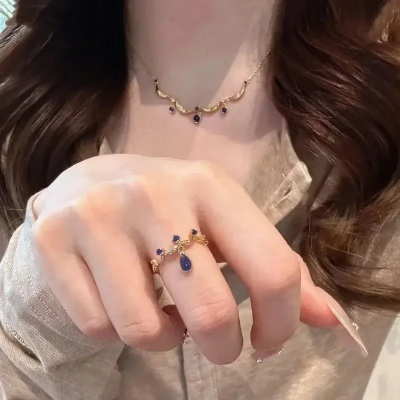 Retro light luxury Court style Glossy Crown jewelry sets Blue gem Engagement rings wave exquisite tassel water droplet necklaces