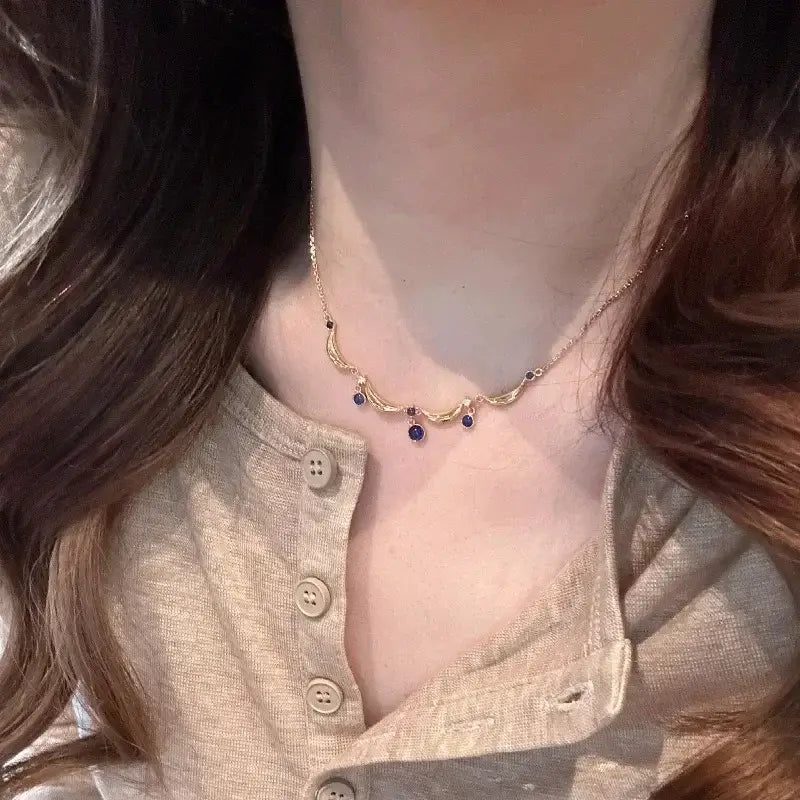 Retro light luxury Court style Glossy Crown jewelry sets Blue gem Engagement rings wave exquisite tassel water droplet necklaces