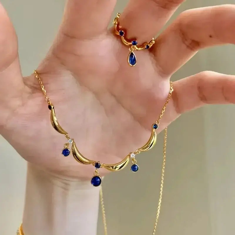 Retro light luxury Court style Glossy Crown jewelry sets Blue gem Engagement rings wave exquisite tassel water droplet necklaces