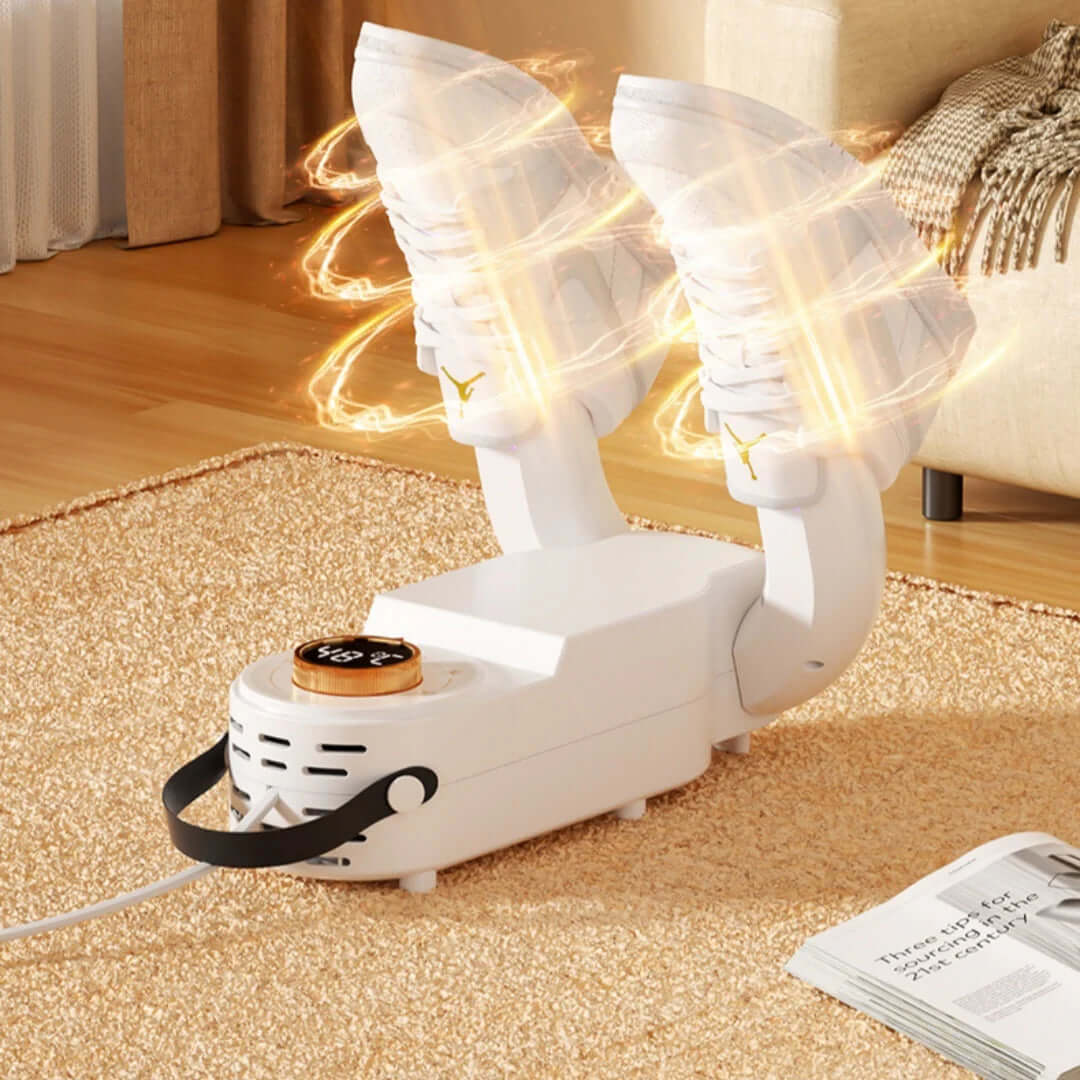 Household Shoes Dryer Smart Purple Light Dehumidification with white dryer and shoes in living room.