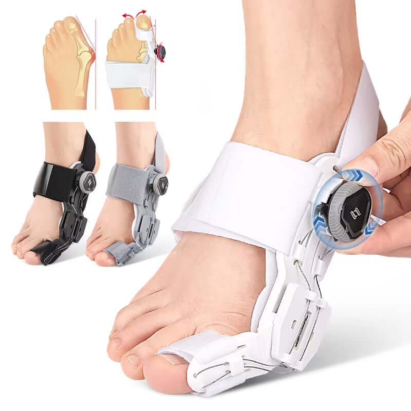 Unisex bunion corrector braces with adjustable rotatable toe separator for foot hallux valgus treatment.