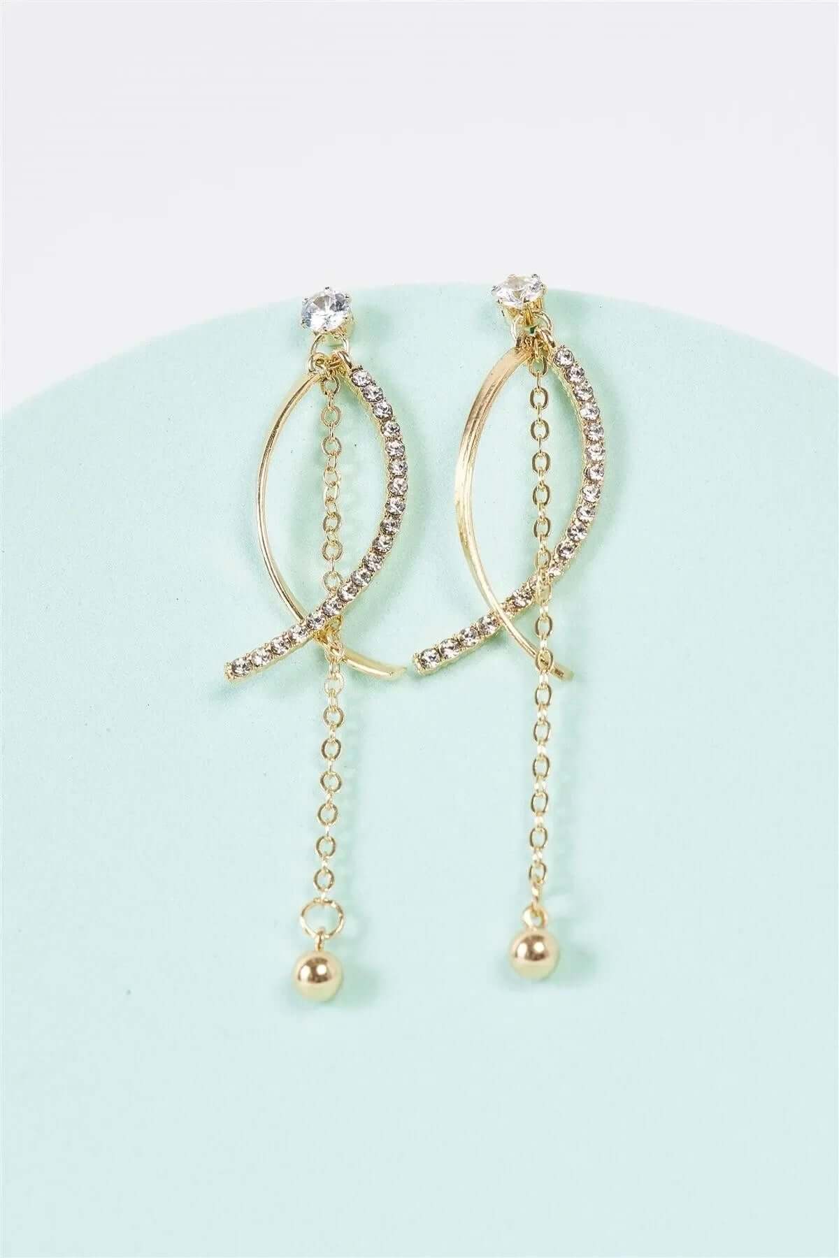 Gold & Rhinestone Long Dangle Spiral Drop Earrings