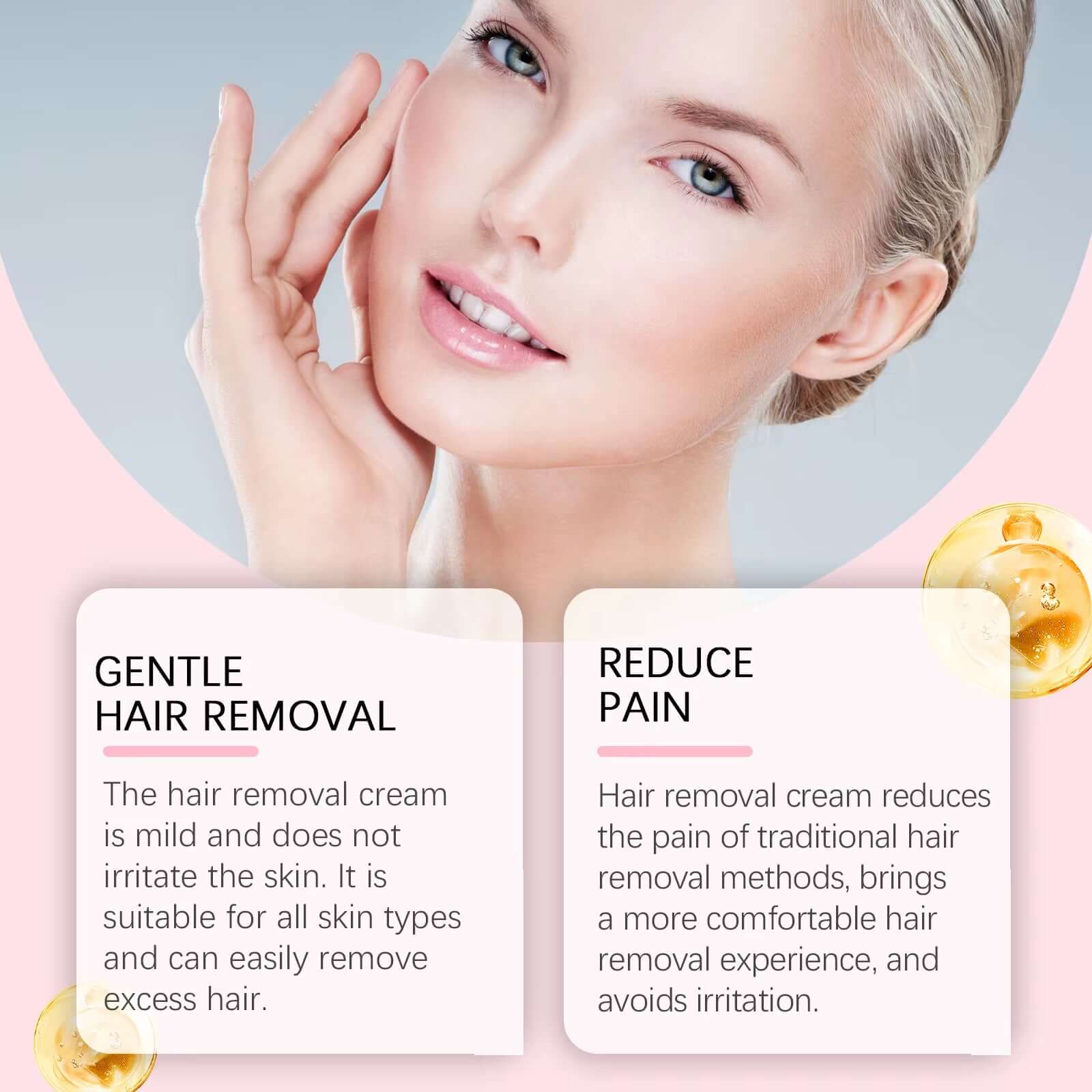 Close-up of a woman showcasing gentle facial hair removal benefits with soothing cream and pain reduction features.