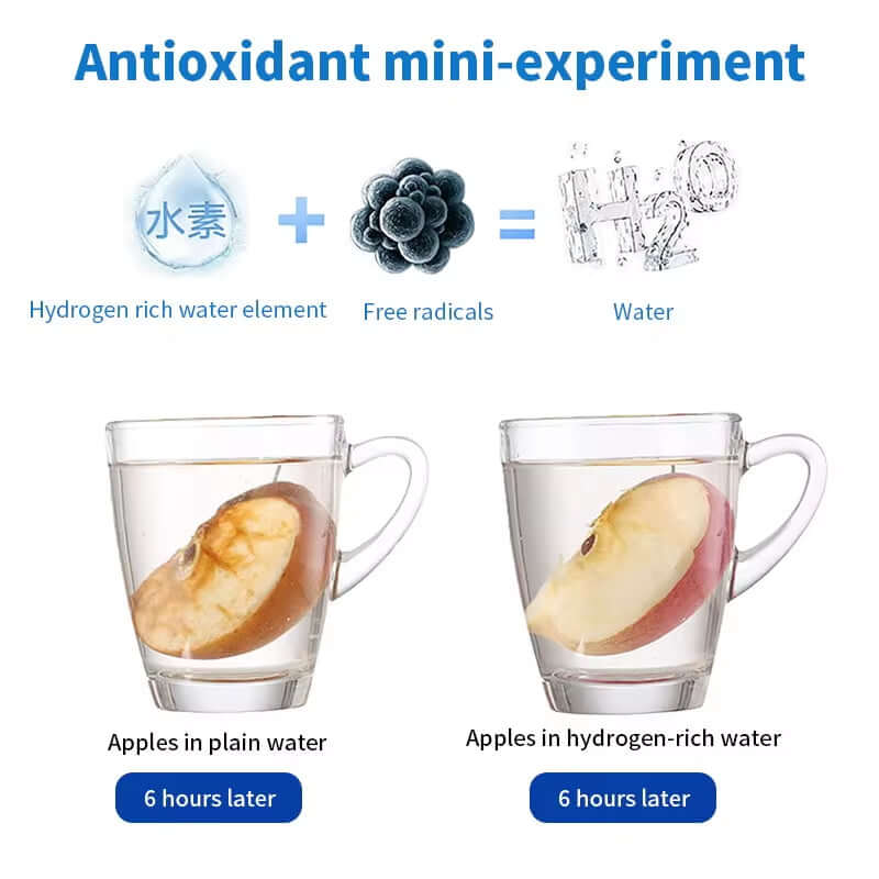 Antioxidant experiment showing apples in plain water vs hydrogen-rich water after 6 hours.