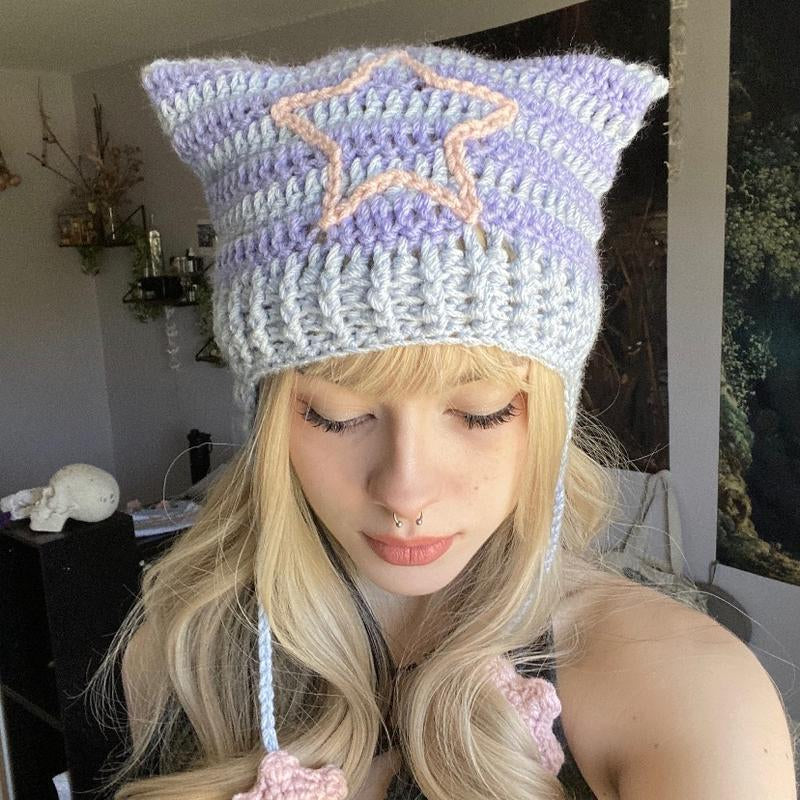 Pride Collection Cat Ear Flap Hat with Stars Crochet Handmade Knitted Beanie Lgbtq+ Flags Inspired