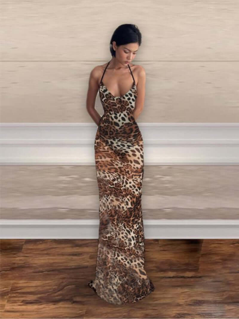 Women'S Leopard Print Backless Draped Halter Mermaid Dress, Sexy Fashion Sleeveless Tie Back Maxi Dress for Party Club Dating Wear, Women Dress for Summer, Elegant Dresses 2024, Birthday Dresses 2024, Dresses for Women