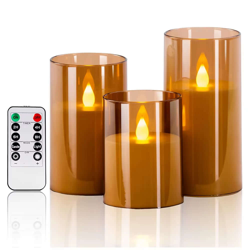 Set of three LED electronic candles with remote control, featuring warm yellow light and elegant acrylic design.