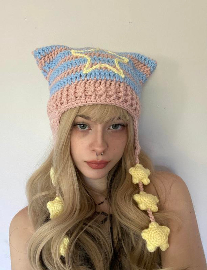 Pride Collection Cat Ear Flap Hat with Stars Crochet Handmade Knitted Beanie Lgbtq+ Flags Inspired