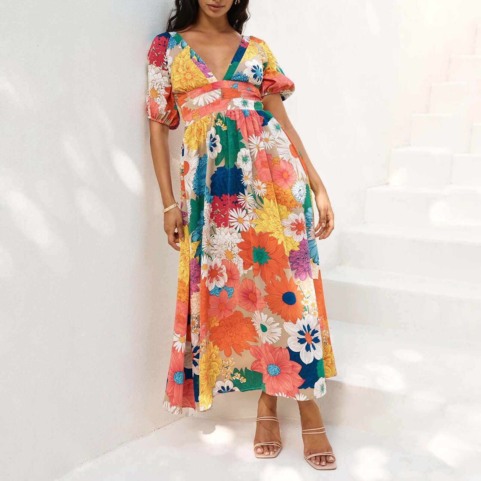 Hirigin women’s long floral print dress with V-neck and smocked sleeves, perfect for summer parties.