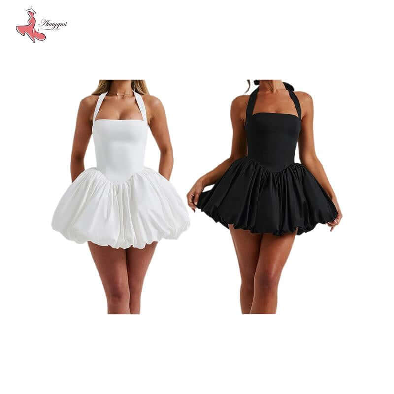Women sleeveless halter bubble dresses in black and white for summer casual wear and beach parties.