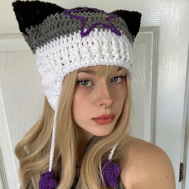 Pride Collection Cat Ear Flap Hat with Stars Crochet Handmade Knitted Beanie Lgbtq+ Flags Inspired