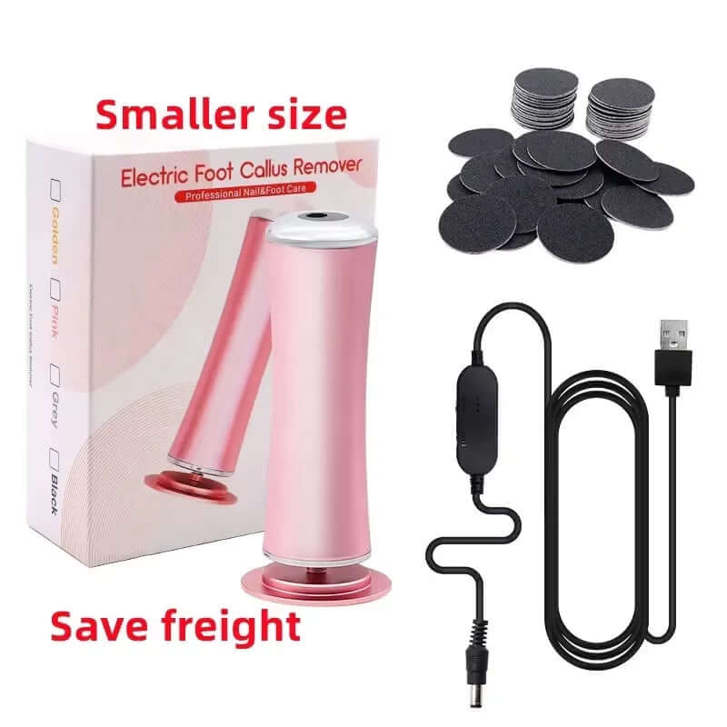 USB electric foot callus remover in pink with sanding discs and charger cable for smooth, exfoliated feet.