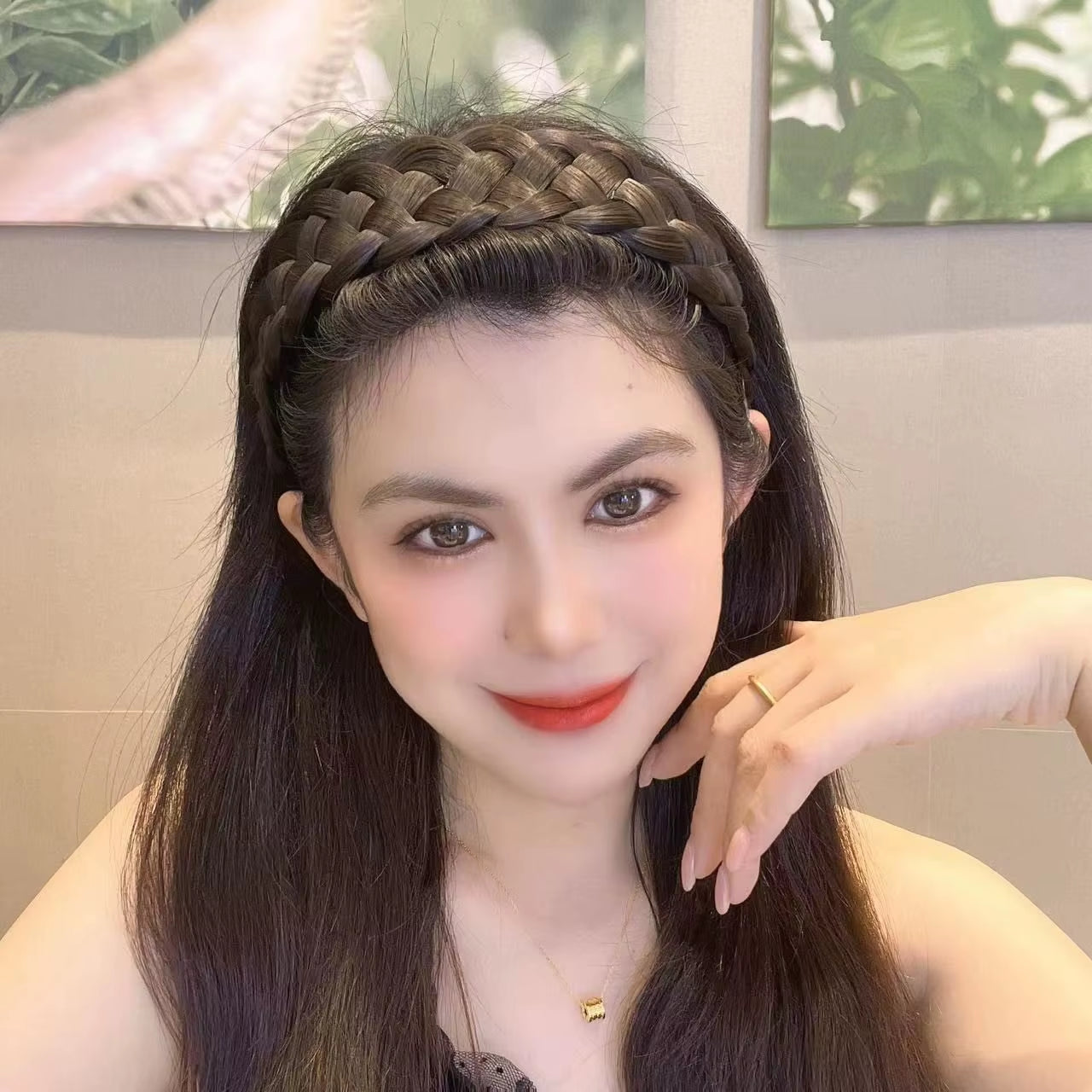 Wig Braided Headband Five-Strand Braided Wide-Brimmed Hairband Women'S Hair Accessories worn by a woman with long black hair.