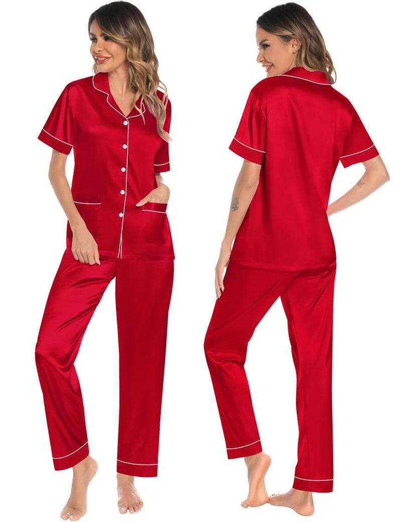 SWOMOG 3 Piece Pajama Set for Women Silk Satin Pjs Short Sleeve Sleepwear Button down Loungewear with 2 Pockets Bridal Check Elegant