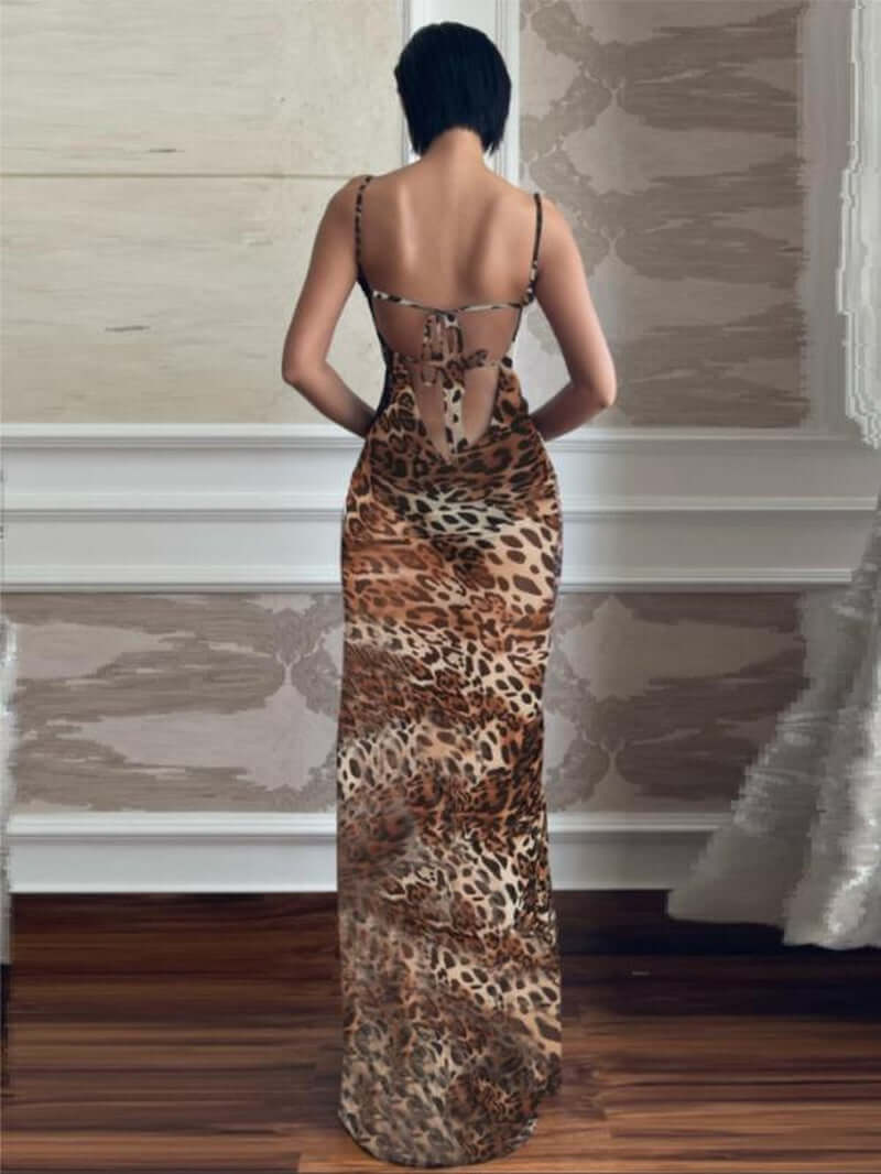 Women'S Leopard Print Backless Draped Halter Mermaid Dress, Sexy Fashion Sleeveless Tie Back Maxi Dress for Party Club Dating Wear, Women Dress for Summer, Elegant Dresses 2024, Birthday Dresses 2024, Dresses for Women