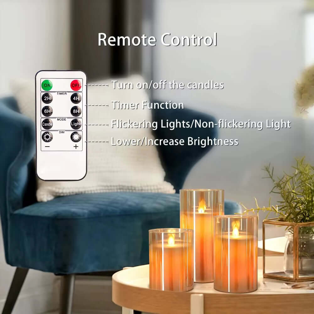 Remote control and LED candle set featuring timer, flickering light options, and brightness control.