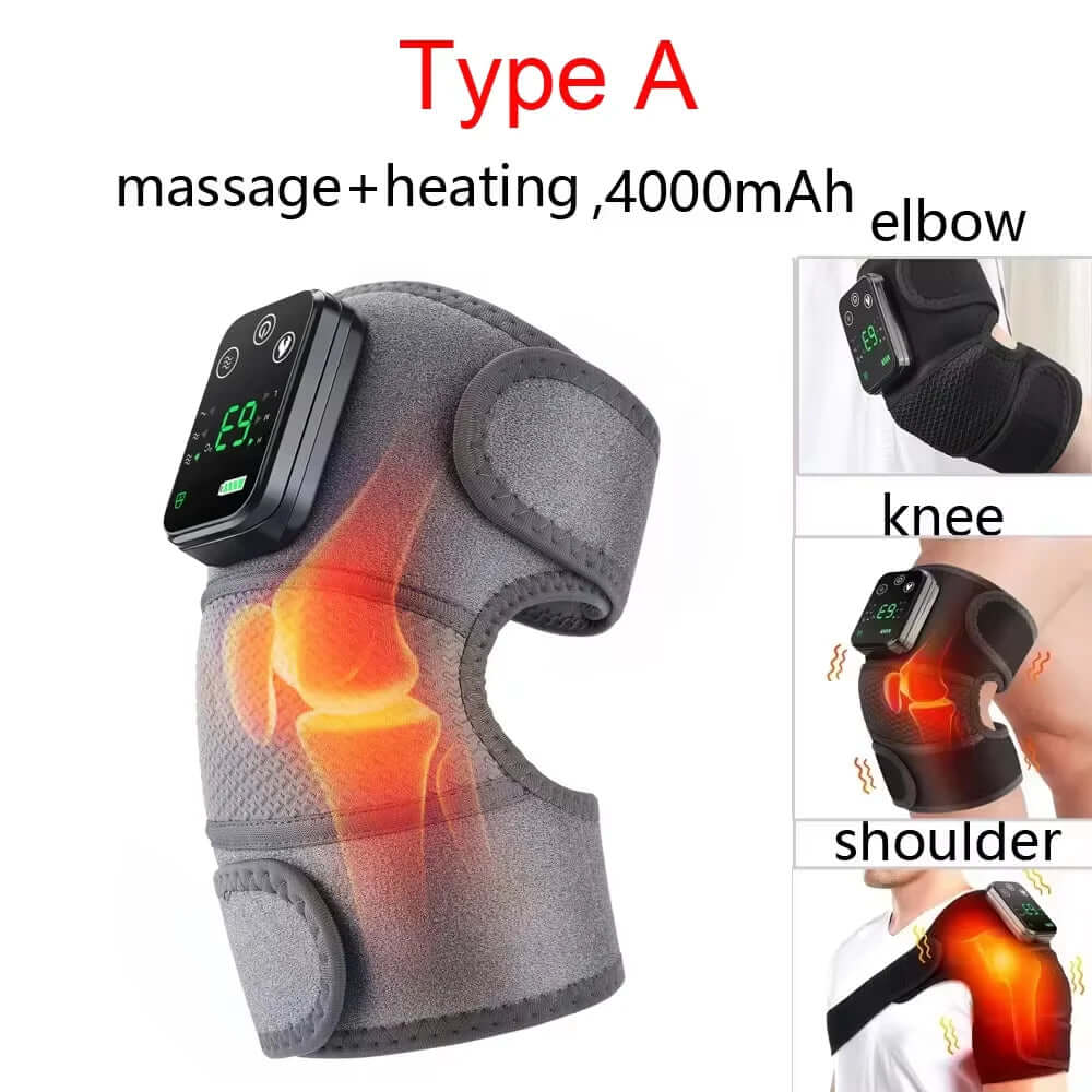 Electric heated vibration massager for knee, elbow, and shoulder pain relief with multi-functional features.