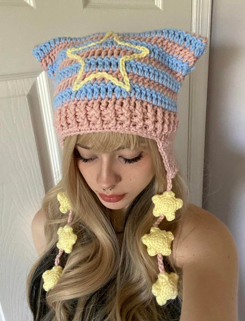 Pride Collection Cat Ear Flap Hat with Stars Crochet Handmade Knitted Beanie Lgbtq+ Flags Inspired