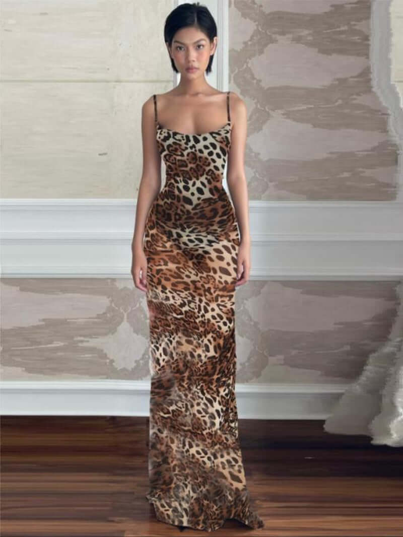 Women'S Leopard Print Backless Draped Halter Mermaid Dress, Sexy Fashion Sleeveless Tie Back Maxi Dress for Party Club Dating Wear, Women Dress for Summer, Elegant Dresses 2024, Birthday Dresses 2024, Dresses for Women