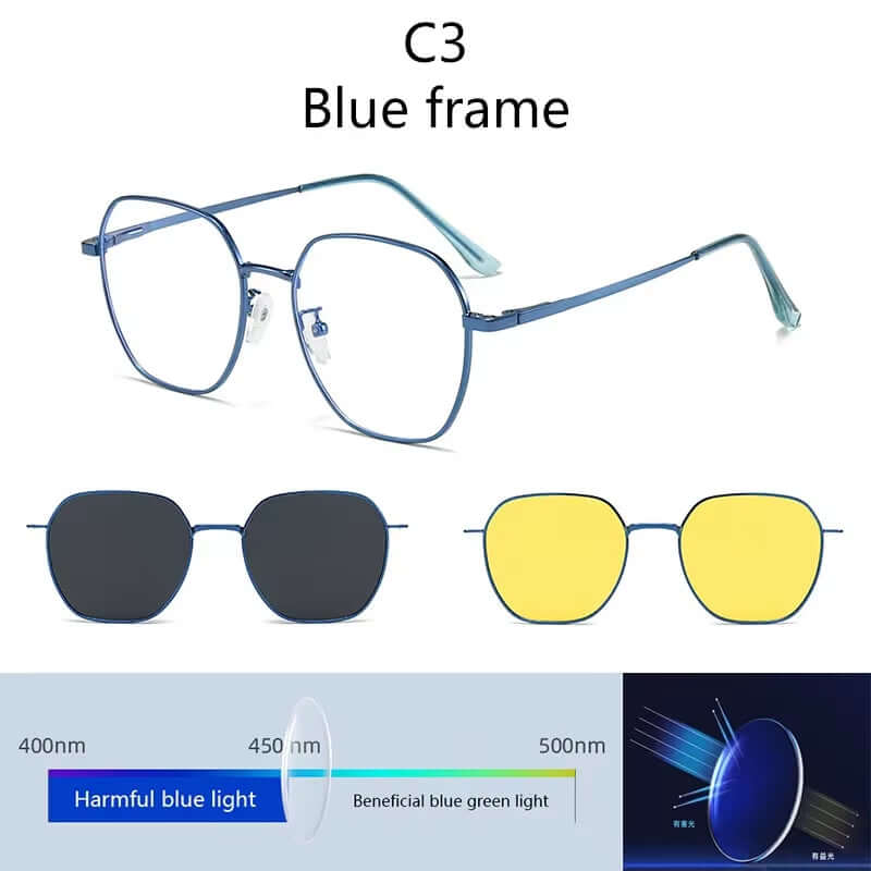 2024 Polarized Sunglasses Men Women 3 in 1 Magnetic Clip on Glasses Hexagon Alloy Frame Night Vision Anti-Blue Light Eyeglass