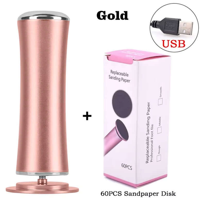Gold USB electric foot grinder with replaceable sanding paper for effective skin exfoliation and pedicure.