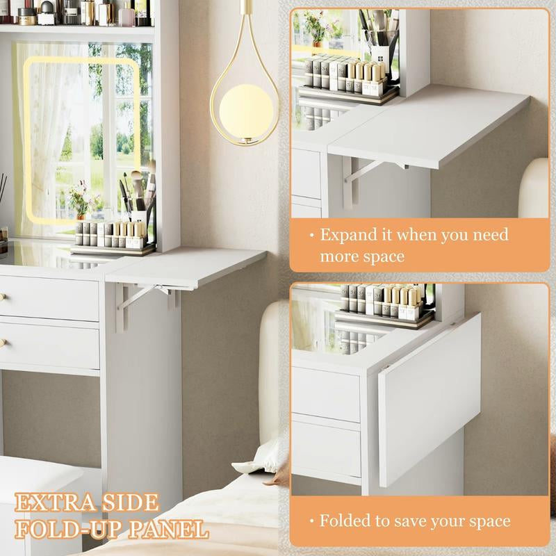 [Bellemave]Small Vanity Desk Set with 3 Adjustablelighted Mirror and Storage Chair, Makeupvanity Table for Small Space, White Dressingtable with Fold-Up Panel for Bedroom