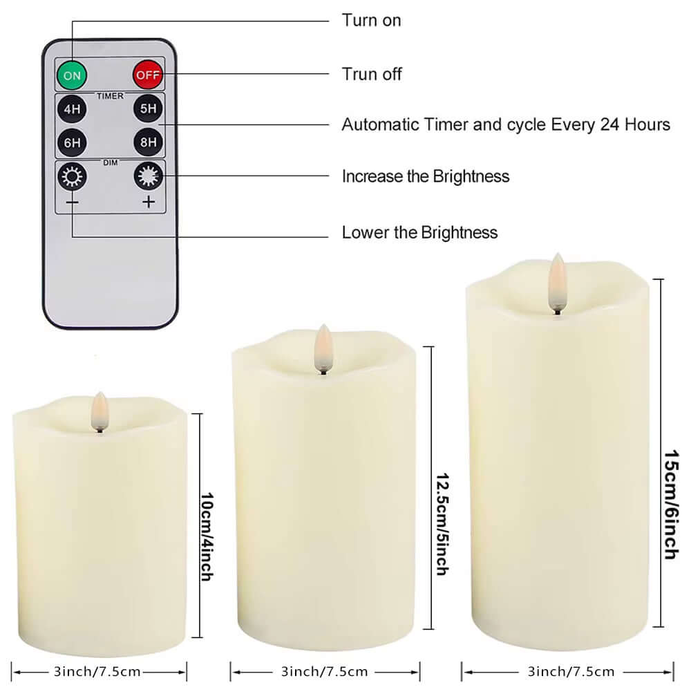 Set of LED electronic candles with remote control for brightness and timer settings, featuring three different heights.