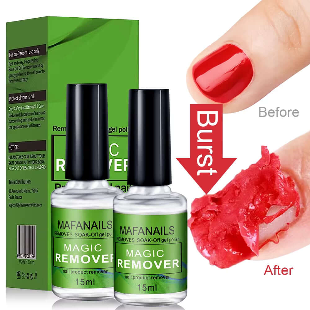 Mafanal Nail Gel Remover 15ml bottles, effectively removes gel polish in 3 minutes, before and after application images.