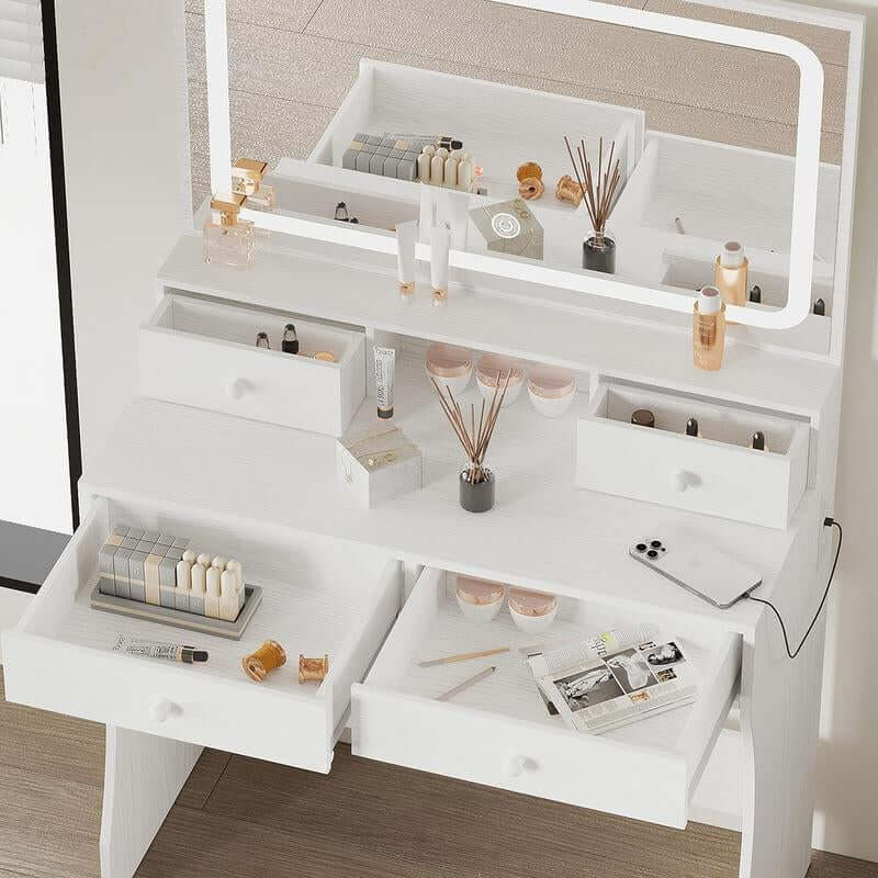 Vanity Desk with LED Lighted Mirror & Power Outlet, Makeup Vanities Table with 4 ,Storage Bench,For Bedroom White Large Drawer Mode Adjustable Brightness Bedroom Vanity