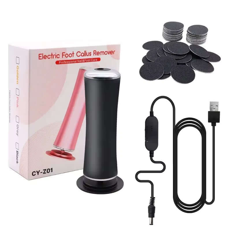 USB electric foot callus remover kit with grinder, replacement pads, and charging cable for exfoliating feet.