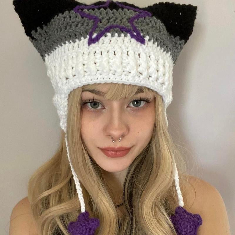 Pride Collection Cat Ear Flap Hat with Stars Crochet Handmade Knitted Beanie Lgbtq+ Flags Inspired