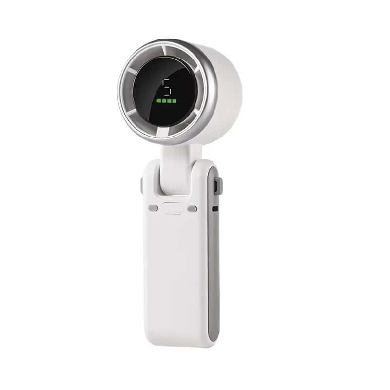 2025 hanging neck mini fan in white, 180-degree folding design, high-speed performance with battery indicator.