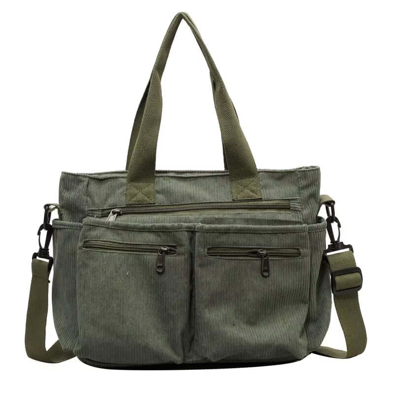 Large capacity corduroy tote bag in green, featuring multiple pockets and adjustable straps for women.