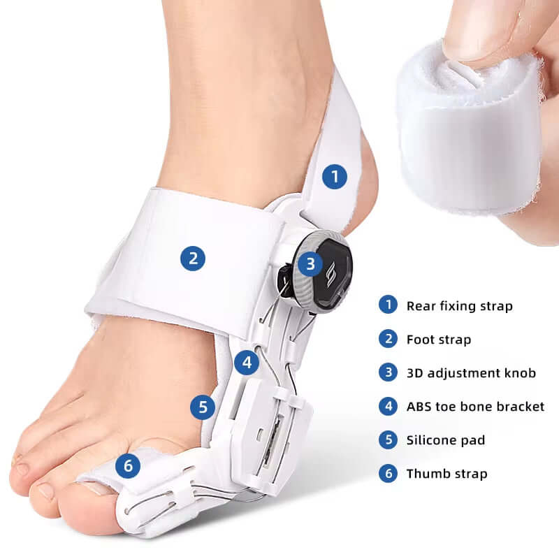 Unisex bunion corrector brace with adjustable straps and rotatable toe separator for foot care.