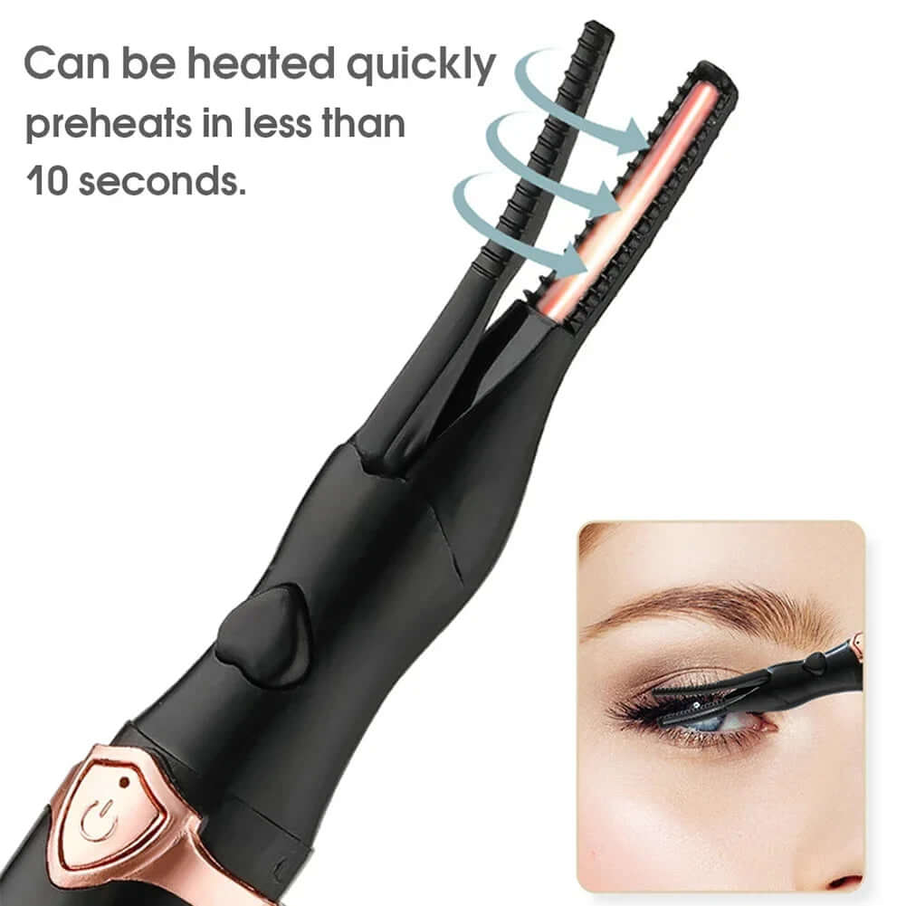 2-in-1 portable heated eyelash curler with quick heat-up features, safe for all eyelash types, and USB powered.