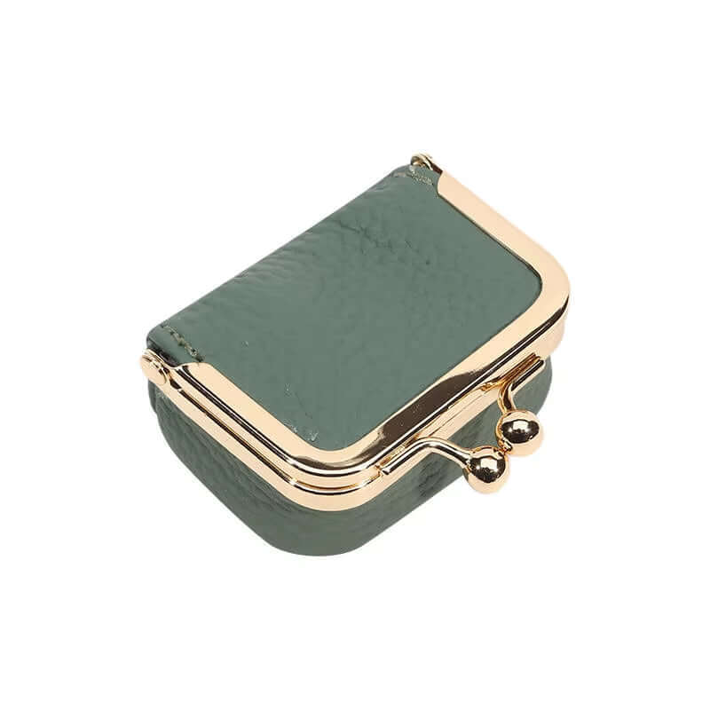 Green PU leather jewelry box with kiss lock closure for rings, necklaces, and earrings storage.