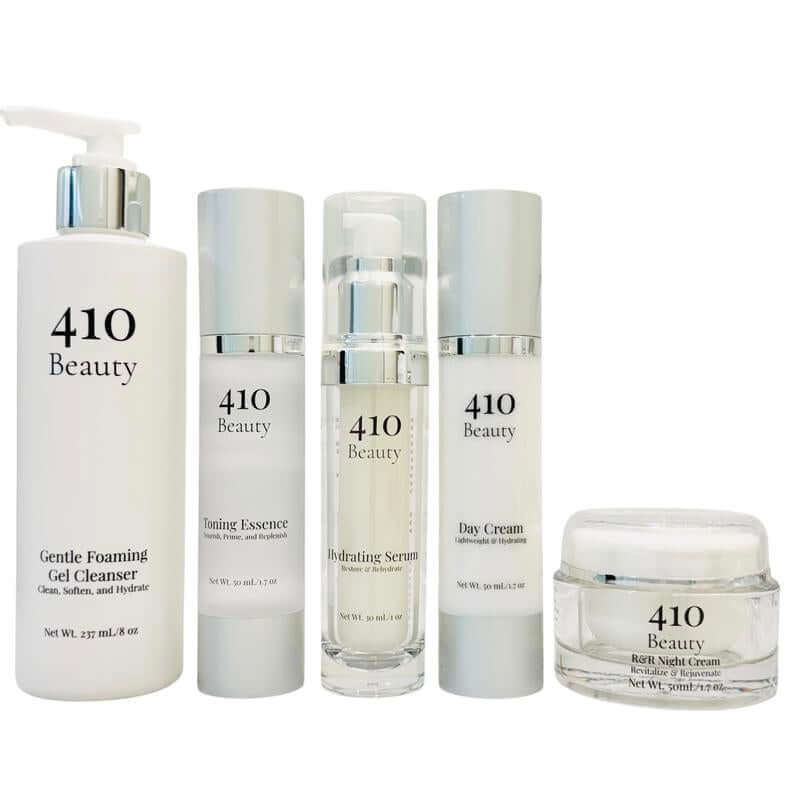 410 Beauty Essentials Bundle- Includes a 237Ml Bottle of Our Gentle Foaming Gel Cleanser, a 50Ml Bottle of Our Toning Essence, a 30Ml Bottle of Our Hydrating Serum, a 50Ml Bottle of Our Day Cream, and a 50Ml Jar of Our R&R Night Cream