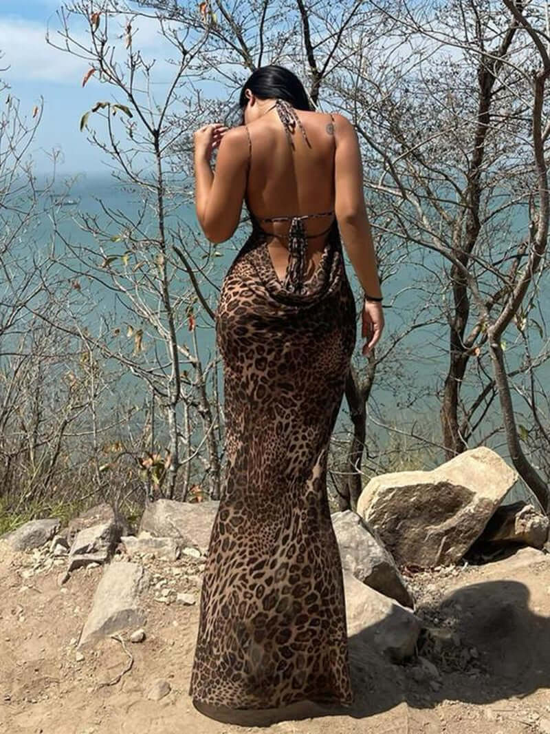 Women'S Leopard Print Backless Draped Halter Mermaid Dress, Sexy Fashion Sleeveless Tie Back Maxi Dress for Party Club Dating Wear, Women Dress for Summer, Elegant Dresses 2024, Birthday Dresses 2024, Dresses for Women