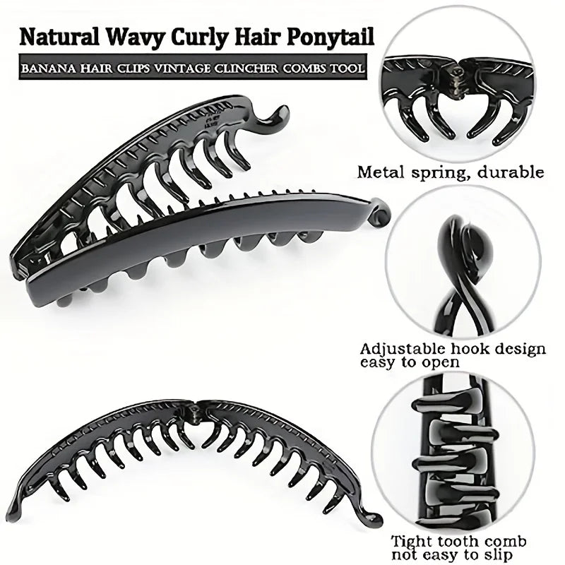Matte black banana hair clip for women, featuring durable metal spring and adjustable hook design for easy use.