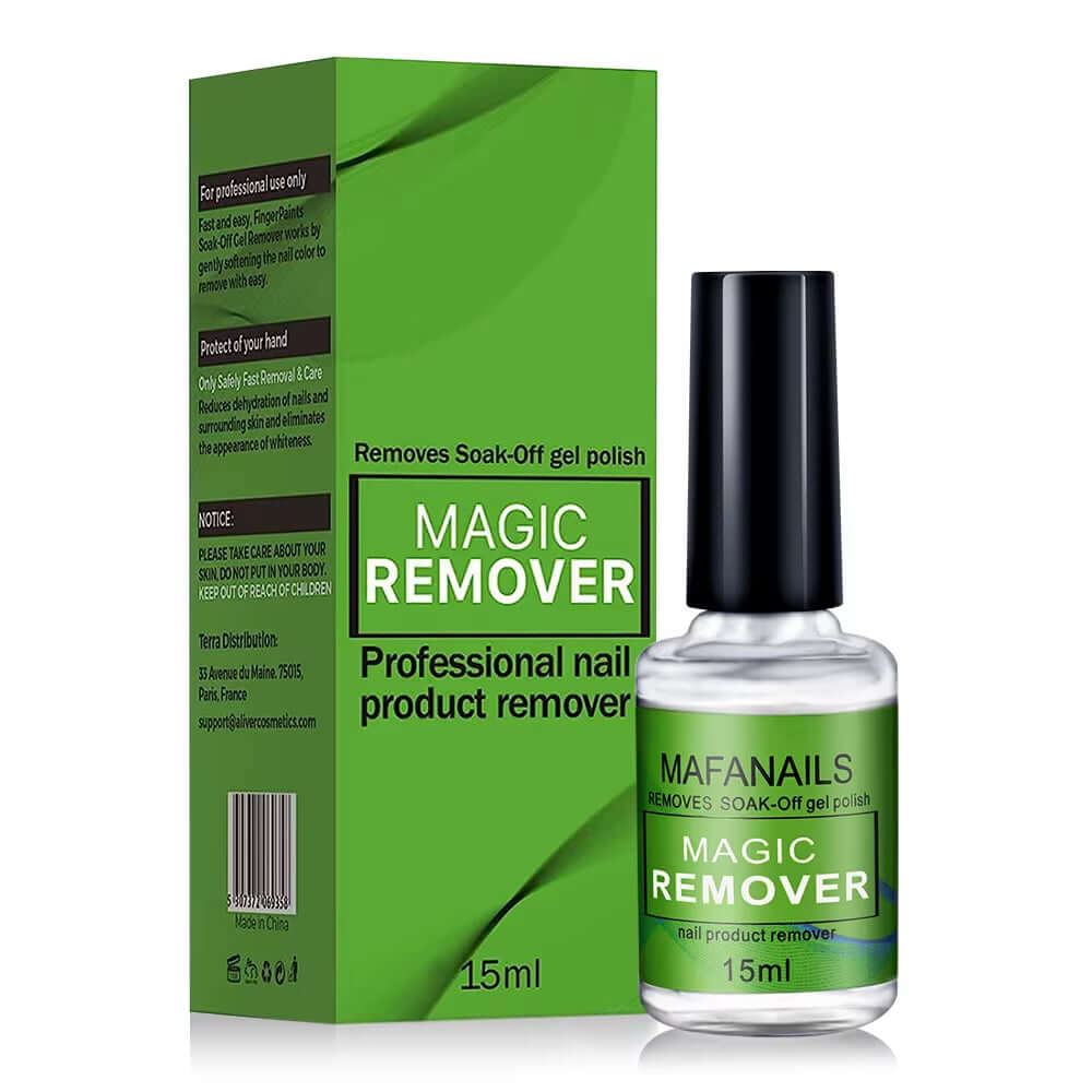 15ml Magic Remover gel polish remover, professional non-irritating formula, quickly soaks off nail polish.